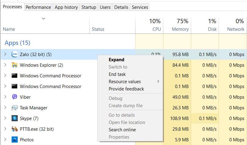 Tắt ZaloPC trên Task Manager
